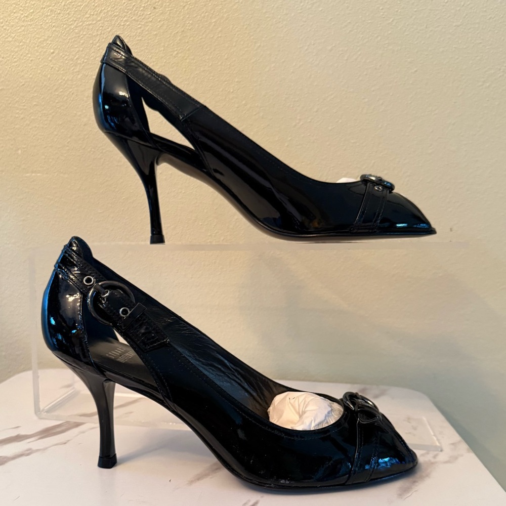 Stuart Weitzman ChatUp Black Patent Peep Toe Heels, NIB, Size 9.